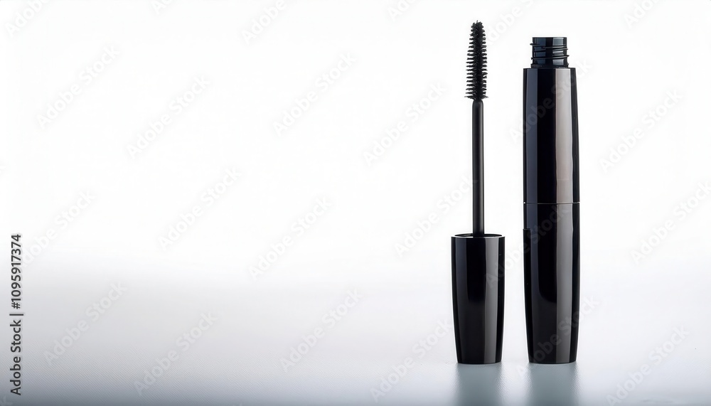 Sleek black mascara tube with brush on white background. Sleek black mascara tube with brush on white background.