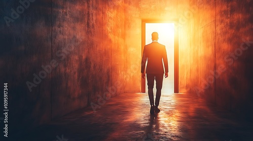 Businessman walking towards light office corridor motivational scene