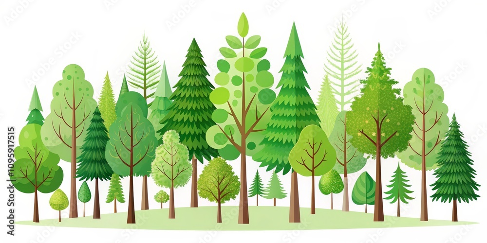 Obraz premium Vector Illustration of a Green Forest Diverse Trees, Flat Design, Nature Concept, Forest Illustration Forest, Nature