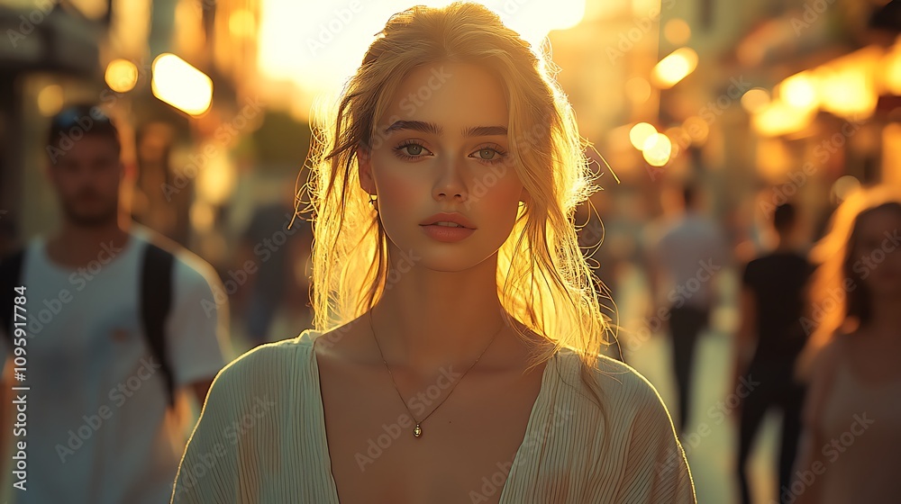 Woman walking in sunset urban street lifestyle portrait evening light Woman walking in sunset urban street lifestyle portrait evening light