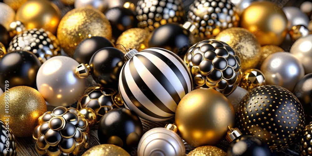 Pile of Black and Gold Christmas Ornaments Close-Up, 3D Render, Festive Decor, Christmas baubles, holiday decorations Christmas, Ornaments, 3D render Pile of Black and Gold Christmas Ornaments Close-Up, 3D Render, Festive Decor, Christmas baubles, holiday decorations Christmas, Ornaments, 3D render