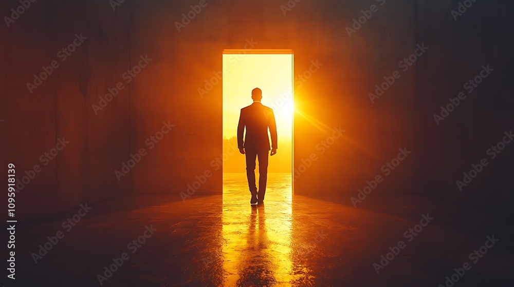 Obraz premium Businessman walking through doorway at sunrise motivational concept