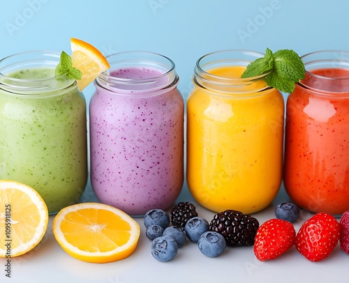 Colorful smoothies in glass jars featuring fruits like berries, oranges, and mint, perfect for a healthy refreshment.