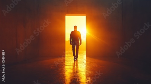 Businessman walking through doorway at sunrise motivational concept