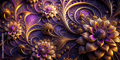 Golden and Purple Floral 3D Digital Art Intricate Design, AI Generated, Abstract Background AI art, digital painting