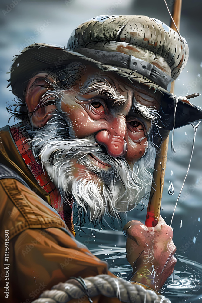Obraz premium Elderly Fisherman with Hat by the Waterside Art