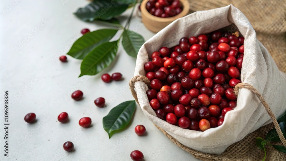 A bag or container filled with red cherry coffee beans against a neutral background, bag, coffee, container, beans A bag or container filled with red cherry coffee beans against a neutral background, bag, coffee, container, beans