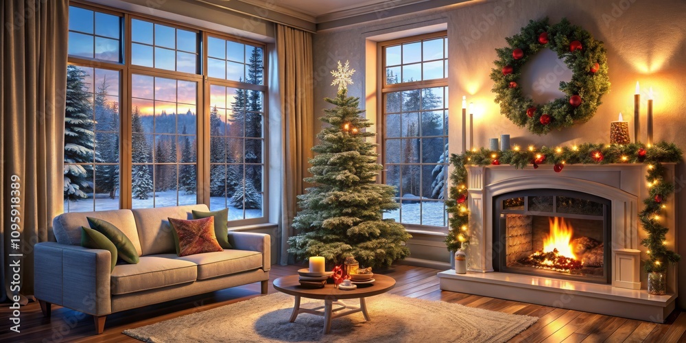 Cozy Christmas Evening Interior Design Composition Featuring a Christmas Tree, Fireplace, and Snowy Landscape View, Christmas Interior Design, Festive Home Decor Christmas, Winter, Fireplace Cozy Christmas Evening Interior Design Composition Featuring a Christmas Tree, Fireplace, and Snowy Landscape View, Christmas Interior Design, Festive Home Decor Christmas, Winter, Fireplace