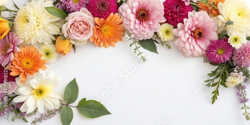 A beautiful collection of colorful flowers arranged in a floral pattern across a pristine white surface, flower patterns, bouquet display, floral design