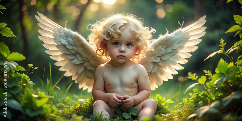 Fototapeta premium Angelic Child Front View Composition, Feathered Wings, Nature Setting, Innocence, Fantasy Angel, Baby, Wings