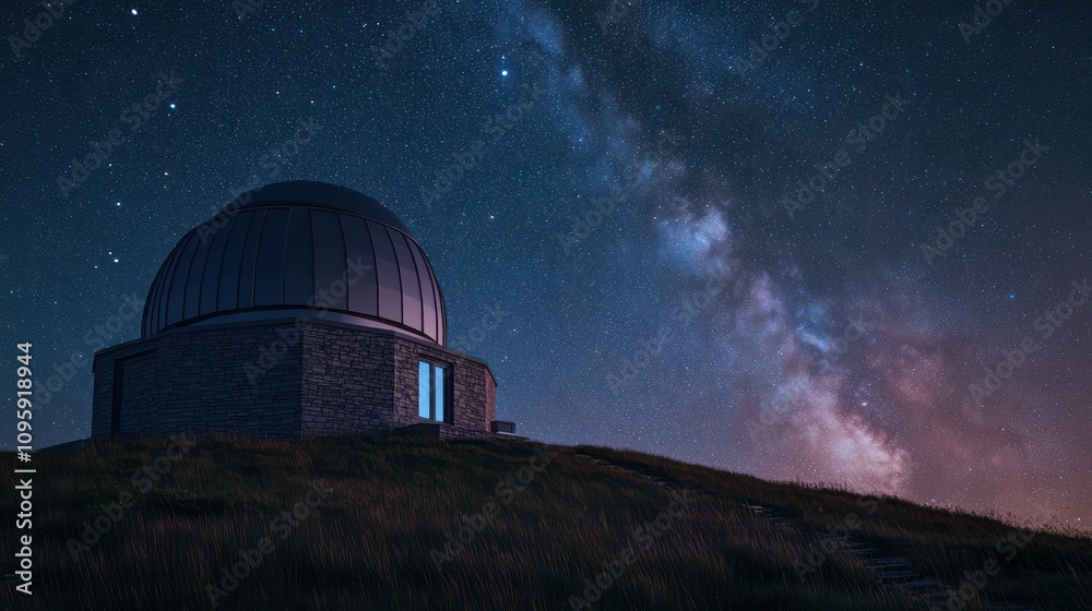 hilltop observatory with sleek stone siding, against the backdrop of a starry night sky hilltop observatory with sleek stone siding, against the backdrop of a starry night sky