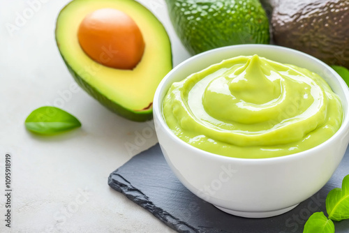 Creamy avocado dip served in a bowl alongside fresh avocado halves on a slate surface with green leaves