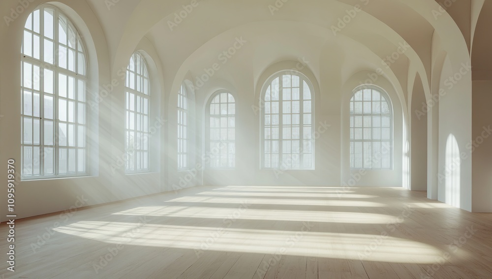 Obraz premium Sunlit Hallway Interior Design: Minimalist Architecture with Large Windows