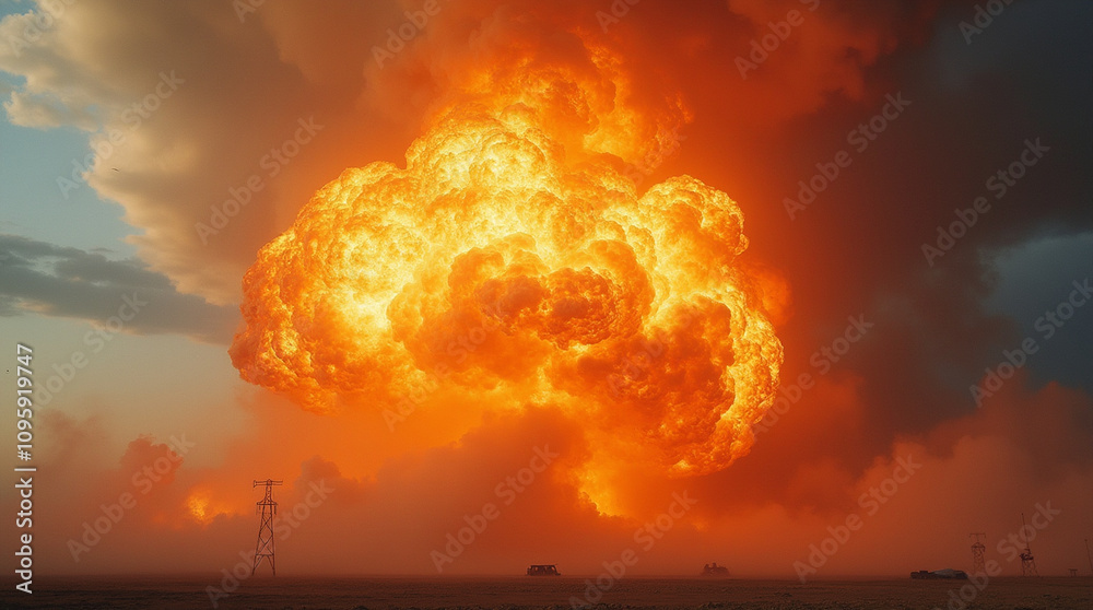 Obraz premium A large explosion in the air, featuring intense orange flames and thick, billowing smoke clouds.