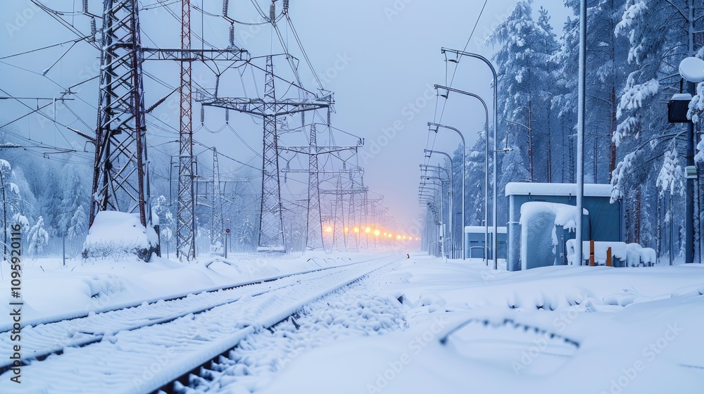 Snowy railway tracks in winter. Perfect for cold weather, transport, and energy themes. Snowy railway tracks in winter. Perfect for cold weather, transport, and energy themes.