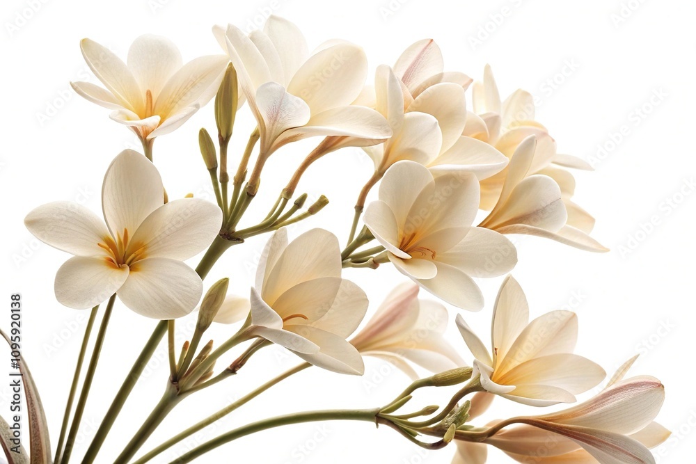 A cluster of delicate cream-colored flowers arranged artfully against a pure white backdrop highlighting their unique shapes and colors, , nature's beauty