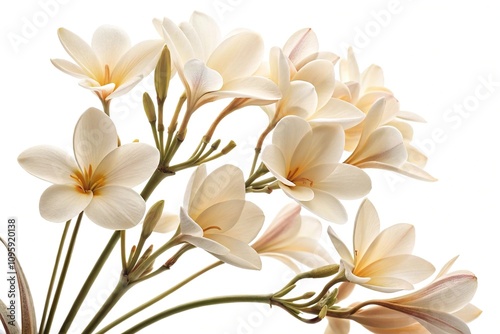 A cluster of delicate cream-colored flowers arranged artfully against a pure white backdrop highlighting their unique shapes and colors, , nature's beauty