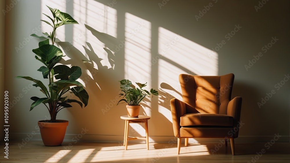 Fototapeta premium Sunlight casting shadows across a cozy chair and plant in a minimalist room during.