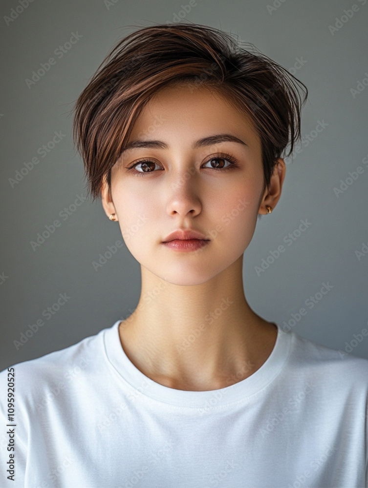 portrait of a half-American half-Chinese female high-fashion model with dark brown hair, age 16-20, very short hair, very small brown eyes, androgynous look, in white T-shirt, in gray background portrait of a half-American half-Chinese female high-fashion model with dark brown hair, age 16-20, very short hair, very small brown eyes, androgynous look, in white T-shirt, in gray background