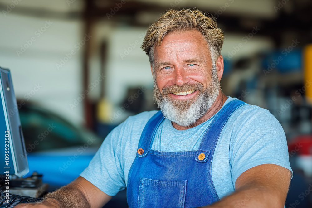 Smiling mechanic working in a garage on a sunny day, showcasing expertise and passion for automotive repair in a welcoming environment