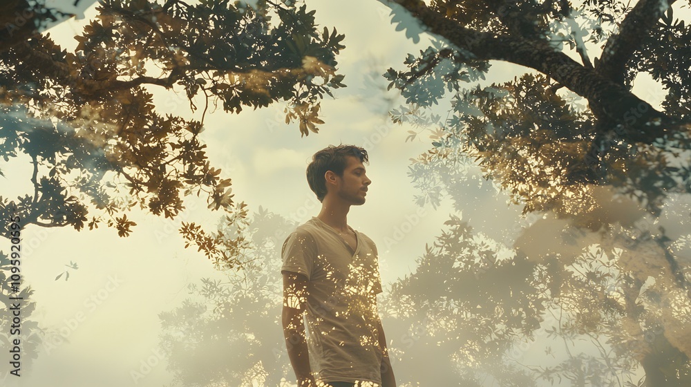 man standing amidst trees in a foggy forest, with the mist folding into his image in a double exposure. The surrounding fog highlights the mood of solitude and reflection, blending seamlessly man standing amidst trees in a foggy forest, with the mist folding into his image in a double exposure. The surrounding fog highlights the mood of solitude and reflection, blending seamlessly