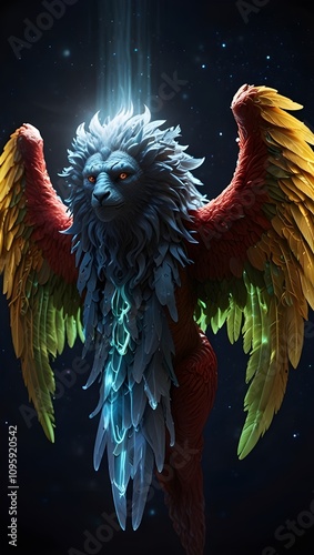 Red Skywalker made of light, chakras made of light, eyes made of light, and enormous feathered angel wings