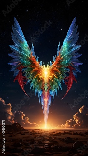 Red Skywalker made of light, chakras made of light, eyes made of light, and enormous feathered angel wings