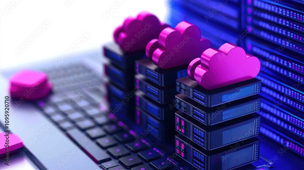 business strategy operations scalability concept. A vibrant digital representation of cloud storage technology with stylized cloud icons and a keyboard, emphasizing modern data management. business strategy operations scalability concept. A vibrant digital representation of cloud storage technology with stylized cloud icons and a keyboard, emphasizing modern data management.
