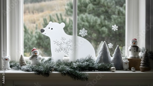 A charming Christmas window display showcases a polar bear silhouette next to snowflake decals, surrounded by snowy trees and playful snowman figurines, creating a festive atmosphere. photo