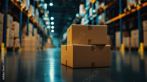 Wallpaper Mural business strategy operations scalability concept. A view of stacked cardboard boxes in a large, organized warehouse, illuminated by soft lights, creating a sense of depth and spaciousness. Torontodigital.ca