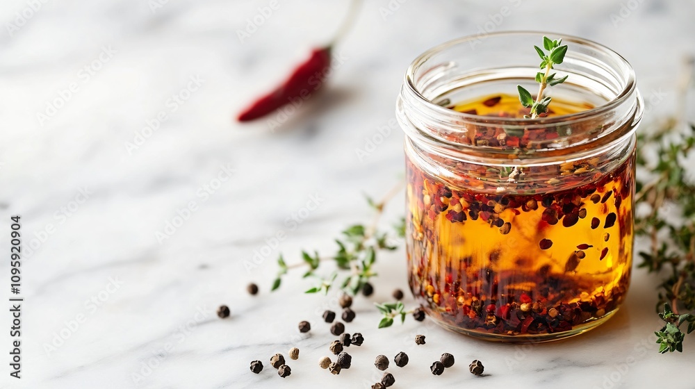 A decorative jar of chili oil on a marble countertop, with sprigs of thyme and a scattering of black peppercorns A decorative jar of chili oil on a marble countertop, with sprigs of thyme and a scattering of black peppercorns