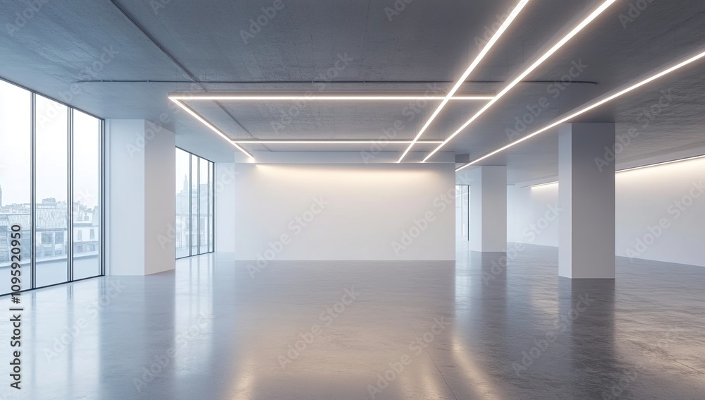 Fototapeta premium Modern Minimalist Office Space: Open Plan Design with City Views and LED Lighting