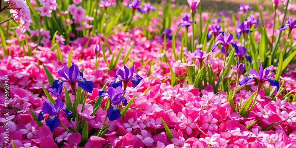 Naklejka premium A colorful mix of pink cherry blossom petals and purple irises in a lush spring landscape, , cherry blossoms, colorful spring