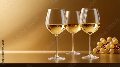 Elegant clear wine glass on a simple golden background showcasing its shape and transparency with soft lighting.