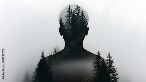 of a man with an overlay of foggy pine trees, creating a serene and introspective scene.Double Exposure.[men]:[Fog in nature] 