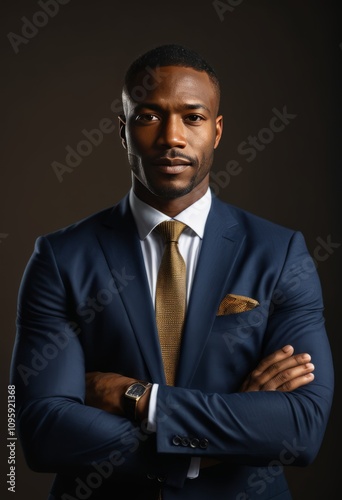 professional business attire, confident pose, dark background, formal suit, tie, smart watch, elegant, moody lighting, portrait photography 