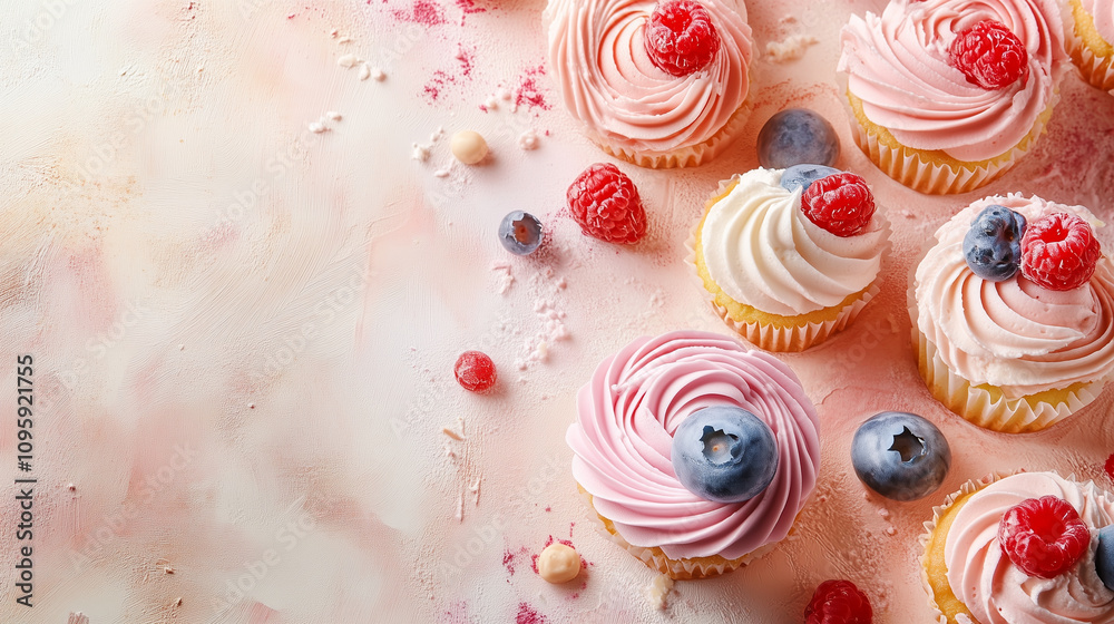 cupcake laid out on a light pastel surface, free space for text cupcake laid out on a light pastel surface, free space for text