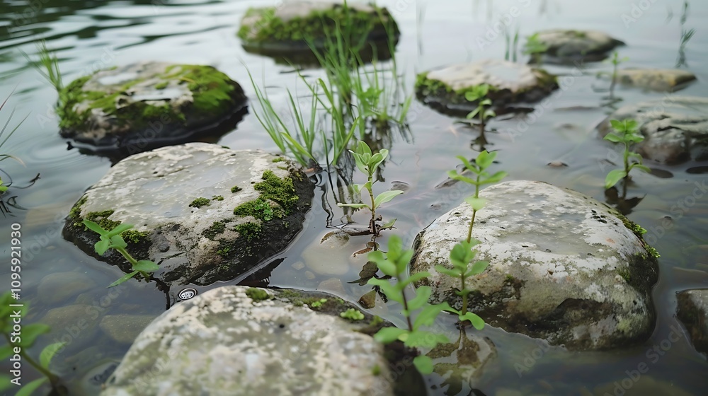 A simple shot of lake stones with algae and small plants growing between them, showing a natural, wet environment. A simple shot of lake stones with algae and small plants growing between them, showing a natural, wet environment.