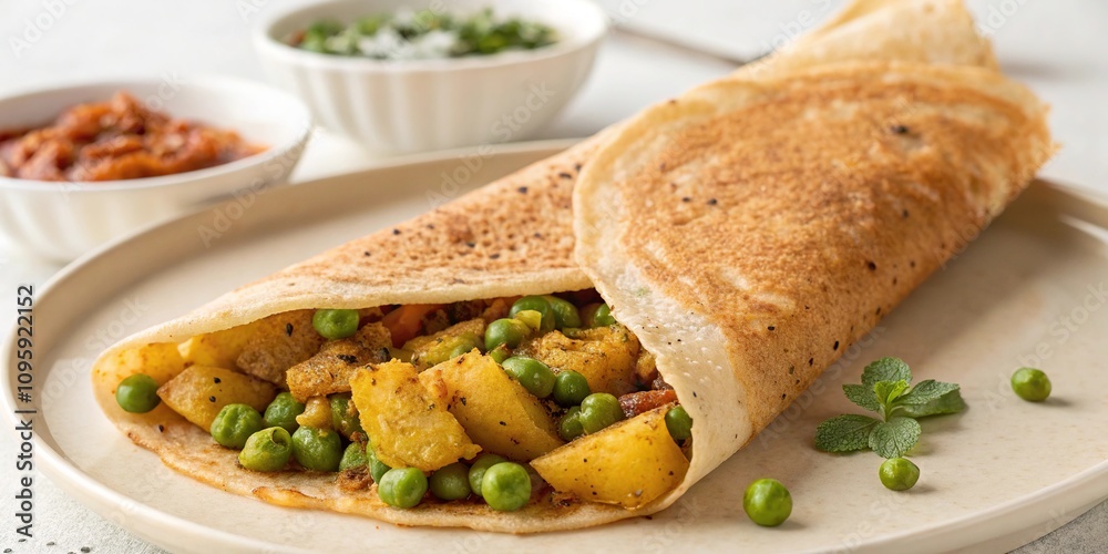A flavorful and spicy masala dosa made with fermented crepe batter and filled with spiced potatoes and peas, peas, masala dosa, spiced potatoes, fermented crepe batter, indian breakfast A flavorful and spicy masala dosa made with fermented crepe batter and filled with spiced potatoes and peas, peas, masala dosa, spiced potatoes, fermented crepe batter, indian breakfast