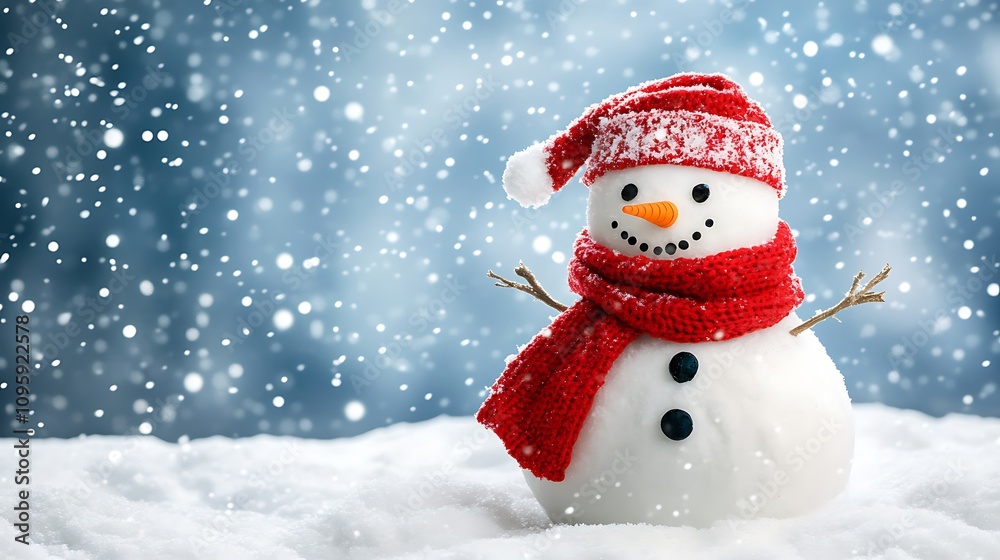 Snowman with red scarf on snowy background. Christmas greeting card. - Generated AI Snowman with red scarf on snowy background. Christmas greeting card. - Generated AI