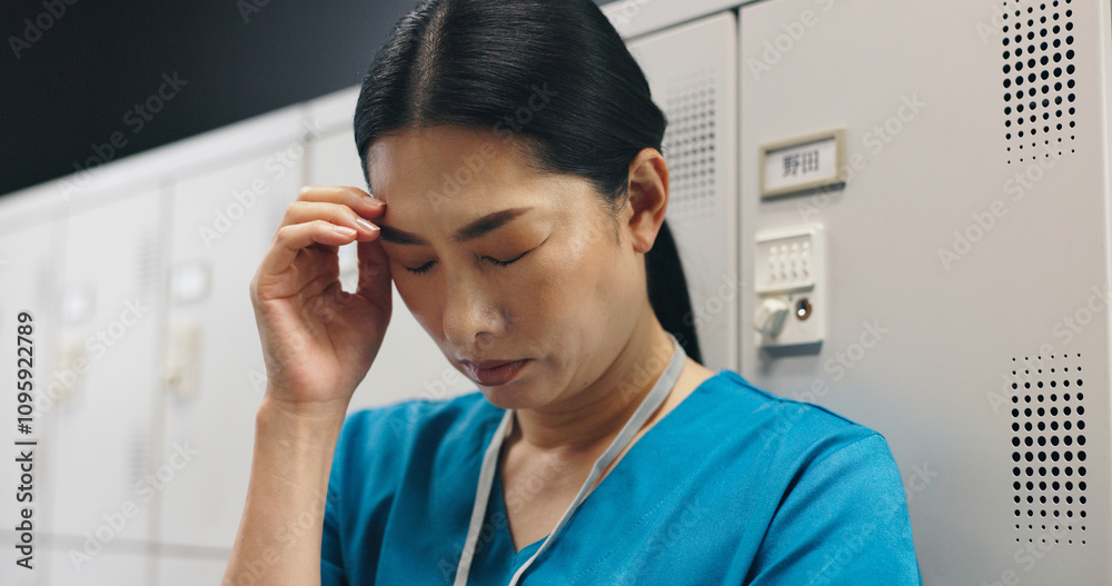 Fototapeta premium Japanese, woman and surgeon with headache in hospital of healthcare stress, medical mistake and burnout risk. Nurse, depression and anxiety of surgery crisis, bad news and treatment disaster in Japan