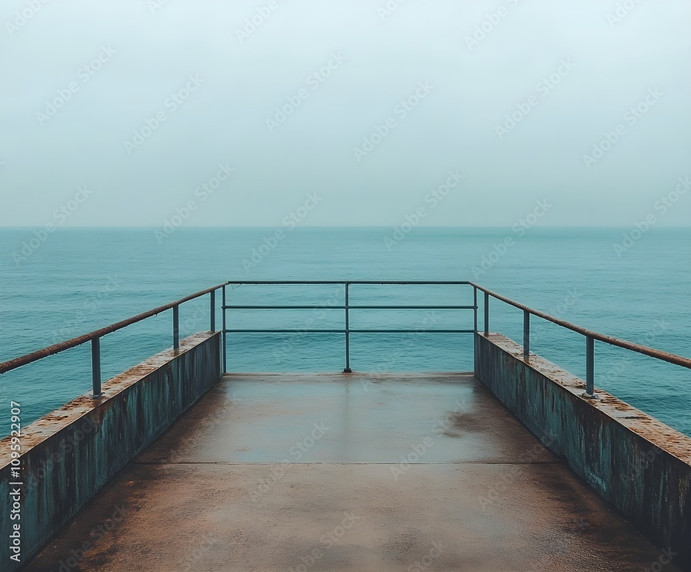 Fototapeta premium An empty pier stretching out to sea, surrounded by calm waters and a peaceful horizon