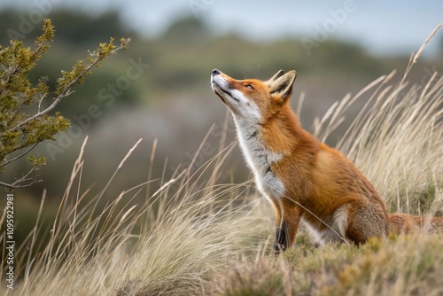 A red fox sits amidst tall, dry grasses, its head tilted upwards as if listening or sniffing the air.