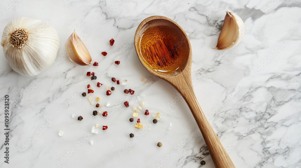 Homemade chili oil on a marble surface, with a wooden spoon and fresh garlic heads for decoration Homemade chili oil on a marble surface, with a wooden spoon and fresh garlic heads for decoration