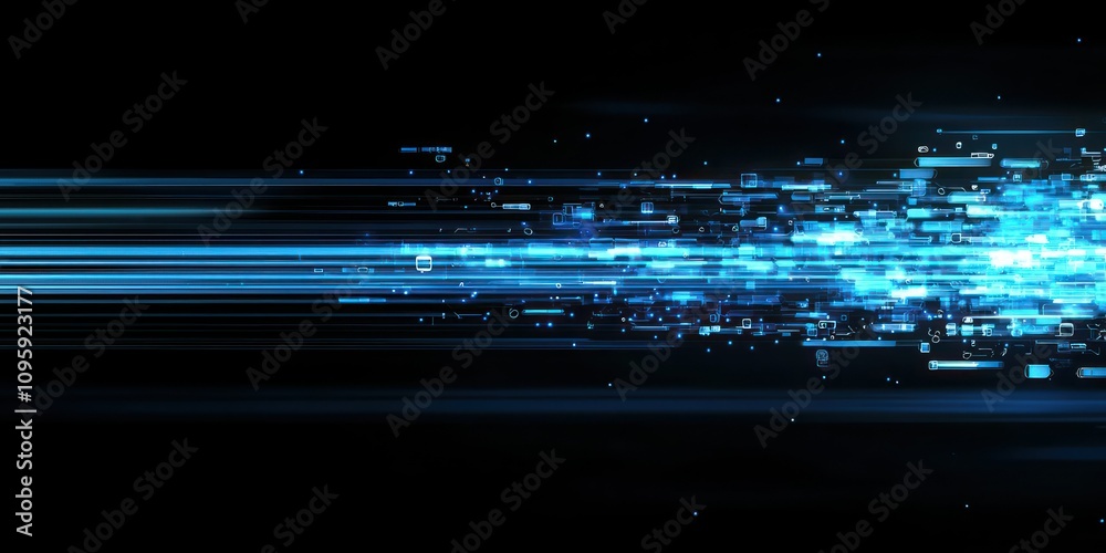 Bright, moving blue lights in a dark space, creating a sense of futuristic, high-speed tech. Bright, moving blue lights in a dark space, creating a sense of futuristic, high-speed tech.