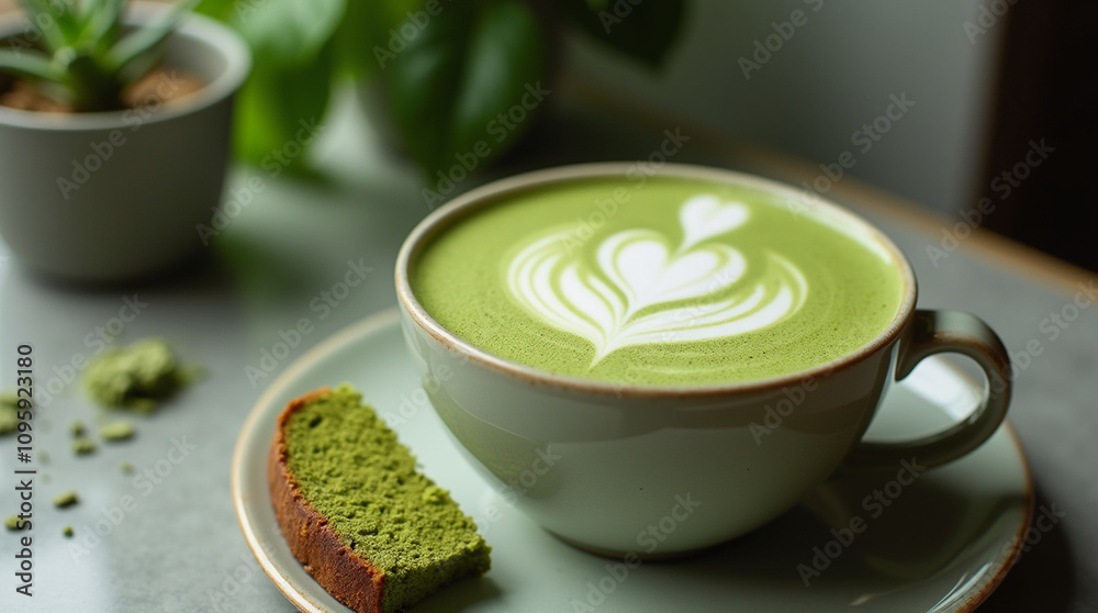 A visually striking matcha latte with intricate latte art on top, served in a sleek ceramic cup. The drink is accompanied by a delicate slice of matcha-flavored cake, with a soft green hue. A visually striking matcha latte with intricate latte art on top, served in a sleek ceramic cup. The drink is accompanied by a delicate slice of matcha-flavored cake, with a soft green hue.