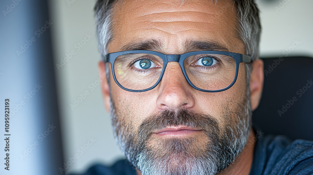Middle-aged Man With Glasses Looking Directly at the Camera, Showcasing a Thoughtful Expression in a Relaxed Indoor Setting With Soft Lighting During the Day Middle-aged Man With Glasses Looking Directly at the Camera, Showcasing a Thoughtful Expression in a Relaxed Indoor Setting With Soft Lighting During the Day