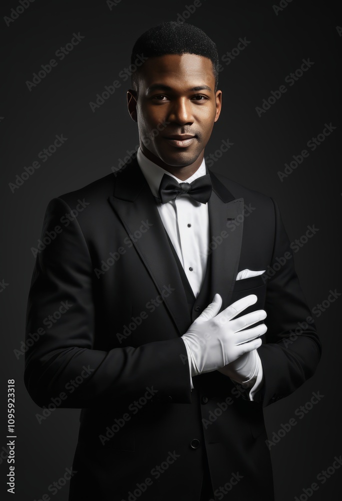 elegant man in a black tuxedo, wearing white gloves, formal attire, sophisticated look, tuxedo bow tie, dark background, studio lighting, confident pose, high fashion photography, classic elegance
elegant man in a black tuxedo, wearing white gloves, formal attire, sophisticated look, tuxedo bow tie, dark background, studio lighting, confident pose, high fashion photography, classic elegance