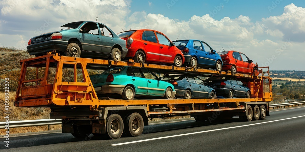 Naklejka premium Car carrier truck loaded with multiple vehicles, driving on a highway.