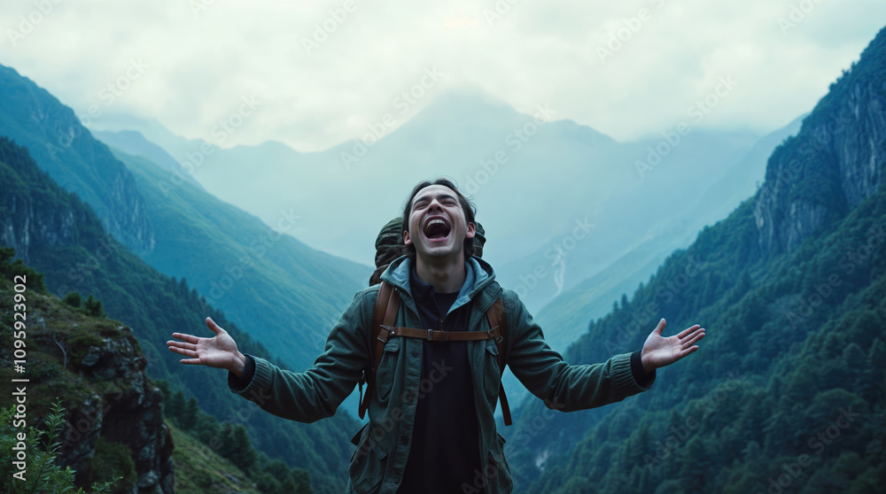 Young male hiker laughing joyfully with outstretched arms against misty mountain valley backdrop, wearing backpack and green jacket in dramatic alpine landscape Young male hiker laughing joyfully with outstretched arms against misty mountain valley backdrop, wearing backpack and green jacket in dramatic alpine landscape